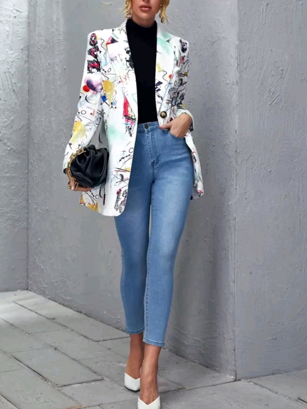Abstract Print White Open Blazer Jacket - Picture 3 of 5